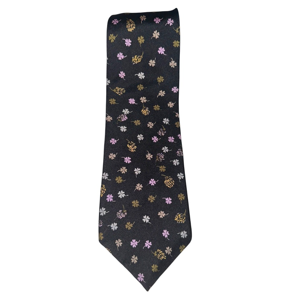 La Cravatte Necktie Black Floral Artichoke Clover Pattern‎ Silk Blend A20Q